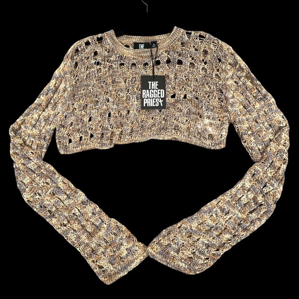 The Ragged Priest Gretel Top Womens 16 Multi Super Crop Crochet Ribbon Knit NEW